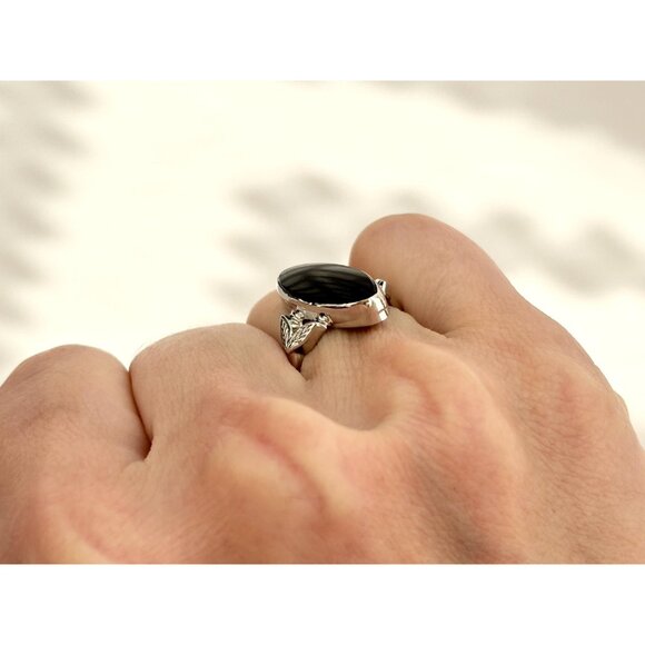 Marquise Shaped Black Onyx Split Shank 925 Sterling Silver Vintage Ring - sz 6 - Picture 10 of 12